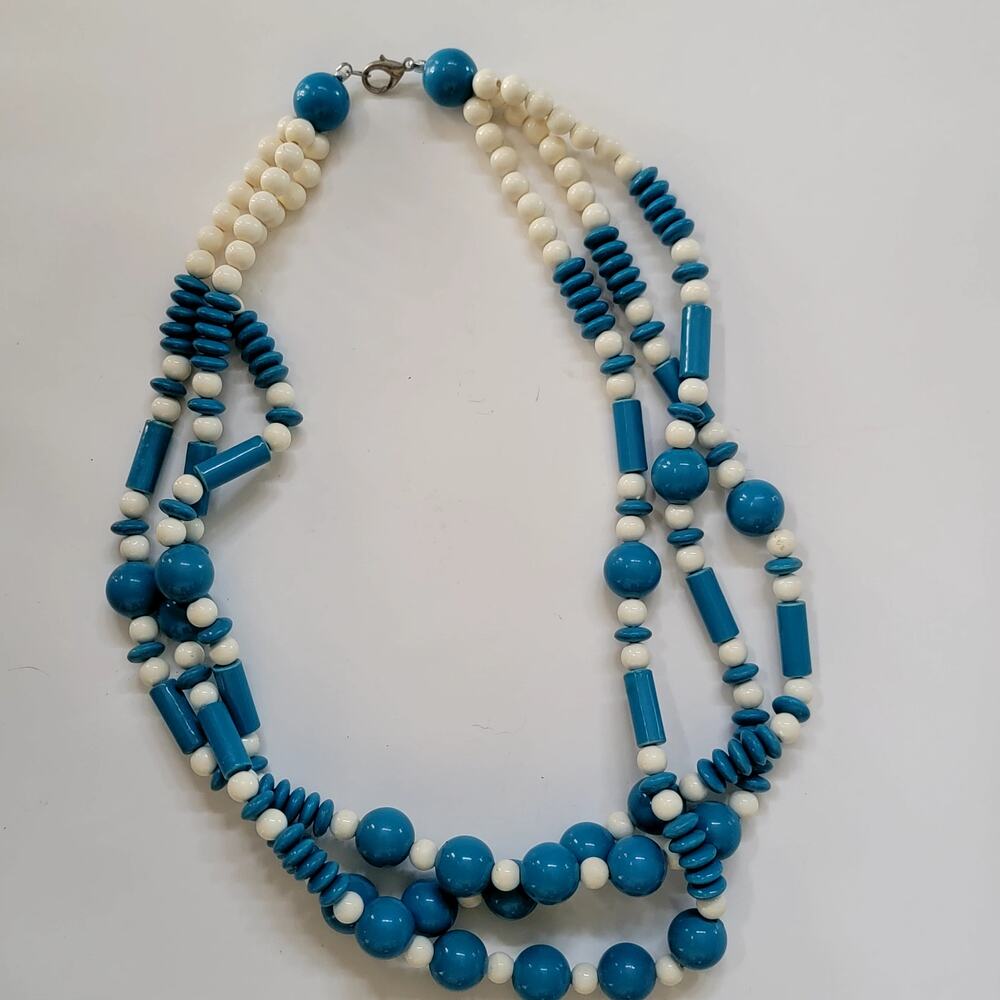 Vintage Blue And White Multi Strand Beaded Necklace With Round And Tube Beads